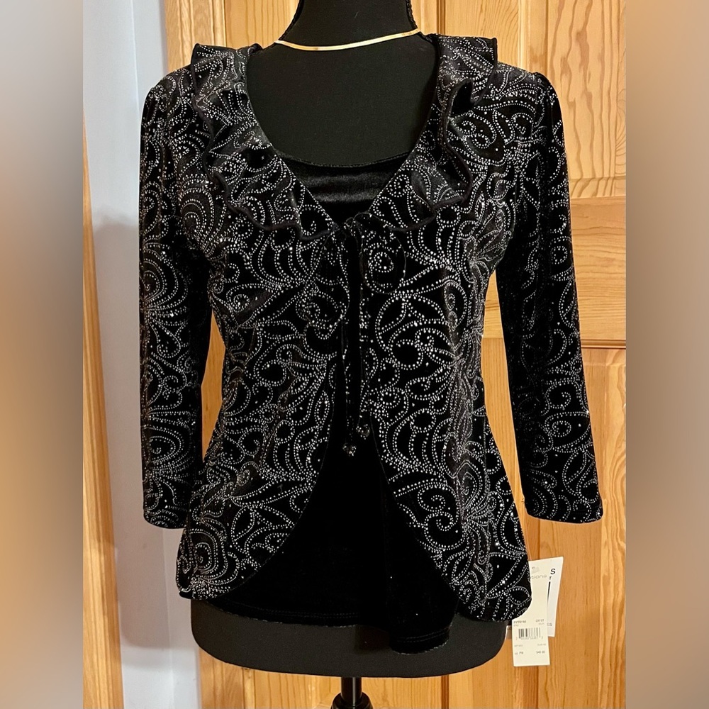 Notations NWT Black Silver Glitter Velvet Ruffle Cardigan Twofer Top Petite PM